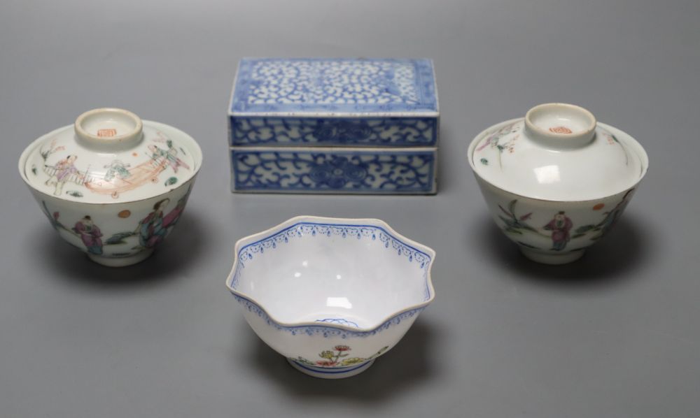 A pair of Chinese famille rose bowls and covers, late 19th century, a blue and white box and cover, 11cm and an eggshell bowl, 8cm